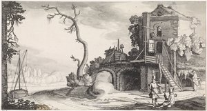 To falkonerere nær et tårn som ble brukt som vertshus Playsante-landskap og morsomme ansikter (serietittel) av Jan van de Velde (II)