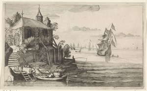 To-mester ved en kyst med kapell Seascapes (serietittel) av Jan van de Velde (II)