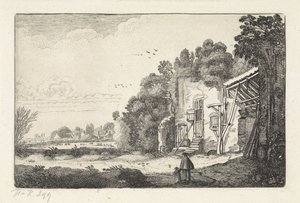 Kvinne med barn nær en ruin av et hus Landskap (serietittel) Amenissimae aliquot requculae (serietittel) av Jan van de Velde (II)