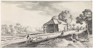 Veigaffel ved en vannmølle Playsante-landskap og morsomme ansikter (serietittel) av Jan van de Velde (II)