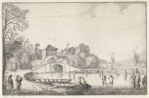 Vinterlandskap med skatere ved en bro Landskap (serietittel) Amenissimae aliquot requculae (serietittel) av Jan van de Velde (II)