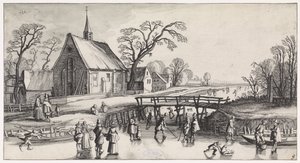 Vinterlandskap med skatere nær en landsby Playsante-landskap og morsomme ansikter (serietittel) av Jan van de Velde (II)
