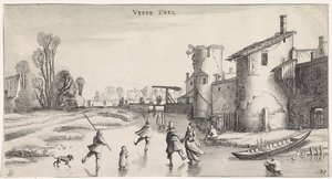 Vinterlandskap med skatere ved en bymur Hyggelige landskap og morsomme severdigheter (serietittel) av Jan van de Velde (II)