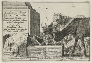 Dyr ved en fontene Titteltrykk av en serie trykk som viser dyr Dyr (serietittel) Zoographiam (serietittel på objekt)