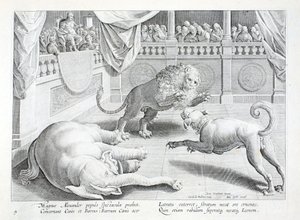 Alexander den store setter opp et skue, en løve-, hund- og elefantkamp, illustrasjon fra 