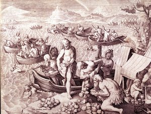 Østersfiske. 17. århundre. Gravering av Giovanni Stradano (Jan Van Der Straet) (Johannes Stradanus) (1523-1605). av Jan van der Straet