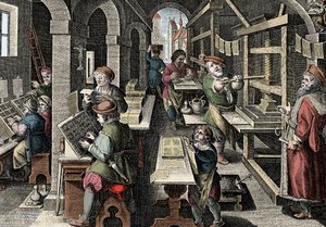 Trykkeri, c1600 - Holland, Utskrift: til venstre bruker tegnene tegn, de forskjellige stadiene i forberedelsen av utskriften overvåket av en mestertrykker - Gravering fra "Nova Reperta" av Giovanni Stradano (Jan Van Der Straet) (Johanne)