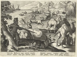 Sjømenn i et grusomt barbarland dreper kameler med musketter for å lindre sulten, illustrasjon fra 