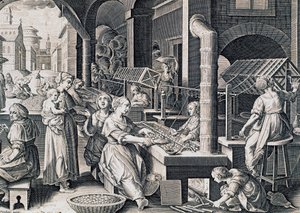 Vermis sericus, kvinner som spinner silke og varmer silkeorm i brann, gravering av Stradanus (1523-1605), Italia av Jan van der Straet