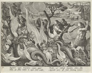 Fange slanger i India ved å bruke køller og fakler for å tenne underskogen, tallerken 44 fra puben Venationes Ferarum, Avium, Piscium (Of Hunting: Wild Beasts, Birds, Fish). 1640