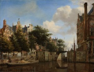 Amsterdam City View med hus på Herengracht og den gamle Haarlemmersluis, ca. 1670