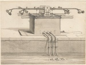 Dobbel sugepumpe foran brannslangen av Jan van der Heyden