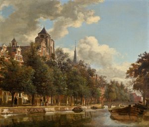 Utsikt ned en nederlandsk kanal, ca. 1670. av Jan van der Heyden