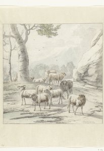 Landskap med en saueflokk nær et tre av Jan van der Meer (II)