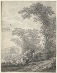 Fjelllandskap med trær nær en elv av Jan van der Meer (II)