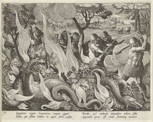 Fange slanger i India ved å bruke køller og fakler for å tenne underskogen, pub. 1640 gravering. av Jan van der Straet