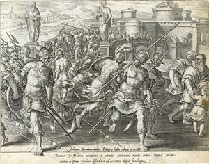 Giovanni de' Medici omgitt av Roma, plate 1 fra 'The History of the Medici', gravert av Philip Galle (1537-1612), ca. 1583 av Jan van der Straet