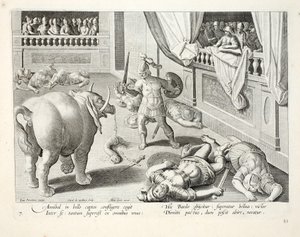 Hannibal får beseirede romere til å kjempe mot hverandre, illustrasjon fra 'Venationes, Ferarum, Avium, Piscium' (Of Hunting: Wild Beasts, Birds, Fish), gravert av Jan Collaert (1566-1628), pub. av Phillipus av Jan van der Straet