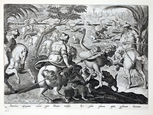 Moors on Horseback Hunting Struts, plate 62, illustrasjon fra 'Venationes, Ferarum, Avium, Piscium' (Of Hunting: Wild Beasts, Birds, Fish), gravert av Jan Collaert (1566-1628), pub. av Phillipus av Jan van der Straet