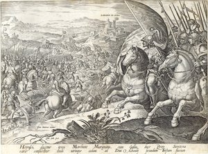 Slaget ved Labadia si Sena og St. Abonda, plate 3 fra 'The History of the Medici', gravert av Philip Galle (1537-1612), ca. 1583 av Jan van der Straet