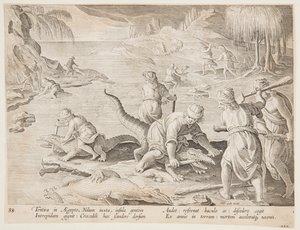 Krokodillejakt i Tentyra, i Egypt, tallerken 30 fra Hunts of Wild Animals, Birds and Fish-serien av Jan van der Straet, called Stradanus