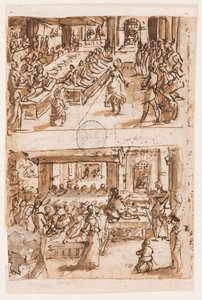 Dans av Salome; Verso, over: Daniels tolkning av den andre drømmen til kong Nebukadnesar, foreløpig design for "Spiritus Consilii" (Rådets ånd), plate 3 i trykkserien "The Seven Gifts of the Holy Spirit" ; Verso, under: To ovaler, o av Jan van der Straet, called Stradanus