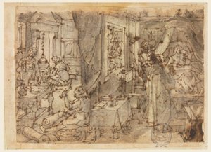 Discovery of Guaiacum as a Cure for Venereal Disease, design for "Hyacum et lues venerea," plate 6 i Nova Reperta (New Inventions of Modern Times) trykkserie av Jan van der Straet, called Stradanus