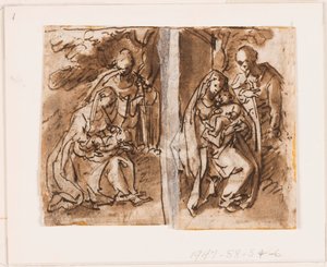 Halvside av en skissebok; Jomfru og barn og en tredje figur av Jan van der Straet, called Stradanus