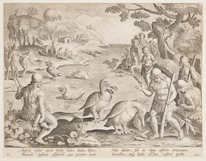 Indianere som fanger fisk med hjelp av pelikaner, plate 23 i Game of Game, Birds and Fish-serien av Jan van der Straet, called Stradanus