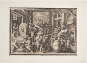 Oleum Olivarum (Produksjonen av olivenolje), plate 12 i Nova Reperta (New Inventions of Modern Times)