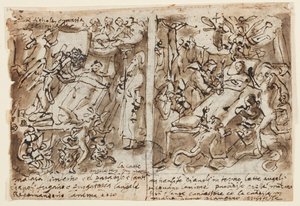 Side av en skissebok; Himmelske krefter hjelper fromme; Skisse for portrett av helgen; Dekorasjon av pediment av Jan van der Straet, called Stradanus