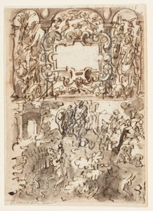 Side av en skissebok; Tittelside for graveringsserie om jakt; Ulykke av en jeger av Jan van der Straet, called Stradanus
