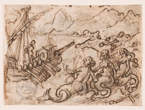 Side i en skissebok: Ulysses passerer sirenene (recto); Ulysses i underverdenen (verso) av Jan van der Straet, called Stradanus