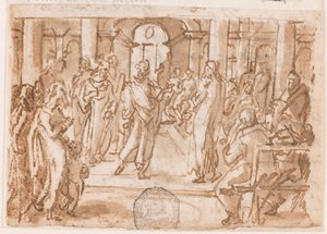 Peter og John Forhørt av Høyrådet, foreløpig design for "Spiritus Scientiae" (Vitenskapens ånd), plate 5 i utskriftsserien "Seven Gifts of the Holy Spirit" av Jan van der Straet, called Stradanus