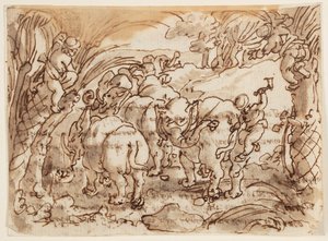 Rekto: Elephants Hunted by Troglodytes [hulemennesker]; Verso: inskripsjon knyttet til Plinius den eldstes naturhistorie, bok 8, kap. 8