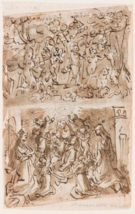 Recto, over: Ung St. Johannes døperen guidet av engler i ørkenen; Recto, under: Sacra Conversazione med Sts. Barbara og Catherine; Verso, over: Cruxifiction; Verso, under: Kristus helbreder lammede nær dammen i Bethesda av Jan van der Straet, called Stradanus