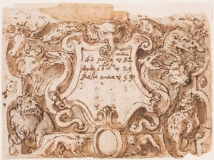 Høyre: foreløpig utforming av tittelside for utskriftsserien Hunting of Wild Bears and Fish; Verso: notater fra Stradanus om betalinger til en skredder av Jan van der Straet, called Stradanus