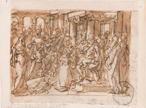 The Judgment of Solomon, foreløpig design for "Spiritus Sapientiae" (Visdommens ånd), plate 1 i trykkserien "Seven Gifts of the Holy Spirit" av Jan van der Straet, called Stradanus