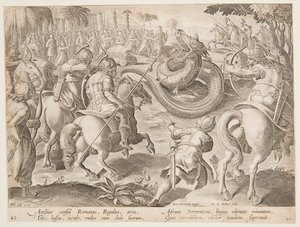 Den romerske konsulen Attilius Regulus kjemper mot en gigantisk afrikansk slange, plate 25 i Wild Hunts-serien