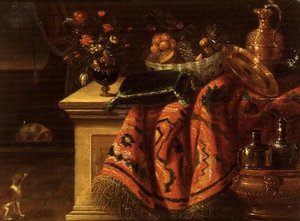 Et stilleben med en vase med blomster, frukt i en skål, en sølvforgylt ær og tallerken og en pute av Jan van the Elder (follower of) Kessel