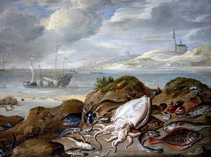 Et elvemunningslandskap med fisk på en sanddyne (olje på kobber)
