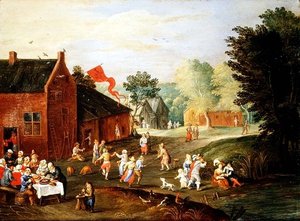 Bønder fester i en landsby av Jan van the Elder Kessel