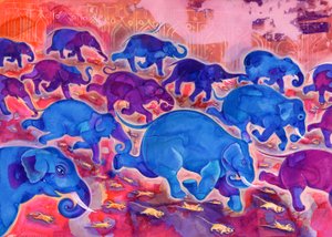 Elephants, 1998, (blekk og gouache) av Jane Tattersfield