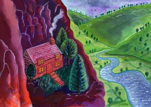 House in the Mountains, 2002, (blekk og gouache) av Jane Tattersfield