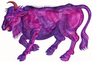 Raging Bull Taurus, 1996, (blekk og gouache) av Jane Tattersfield