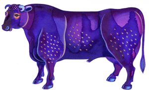Tyren oksen, 1996, (blekk og gouache) av Jane Tattersfield
