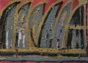 Burning House, 2013 (gouache, treaske og bladgull på papir) av Janet McKenzie