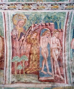 Hrastovlje befestede kirke, Treenighetskirken, Adam og Eva utvist fra paradis (1490), detalj fra fresker av Janez Iz Kastva, Slovenia