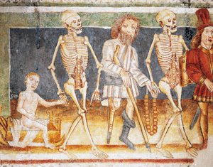 Hrastovlje befestede kirke, Treenighetskirken, Døden som ledsager barn og fattige, Dødsdansen (1490), detalj fra fresker av Janez Iz Kastva (1490), Slovenia