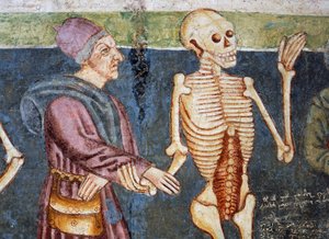 Hrastovlje befestede kirke, Treenighetskirken, Dødens medfølgende lege, Death of Death (1490), detalj fra fresker av Janez Iz Kastva, Slovenia